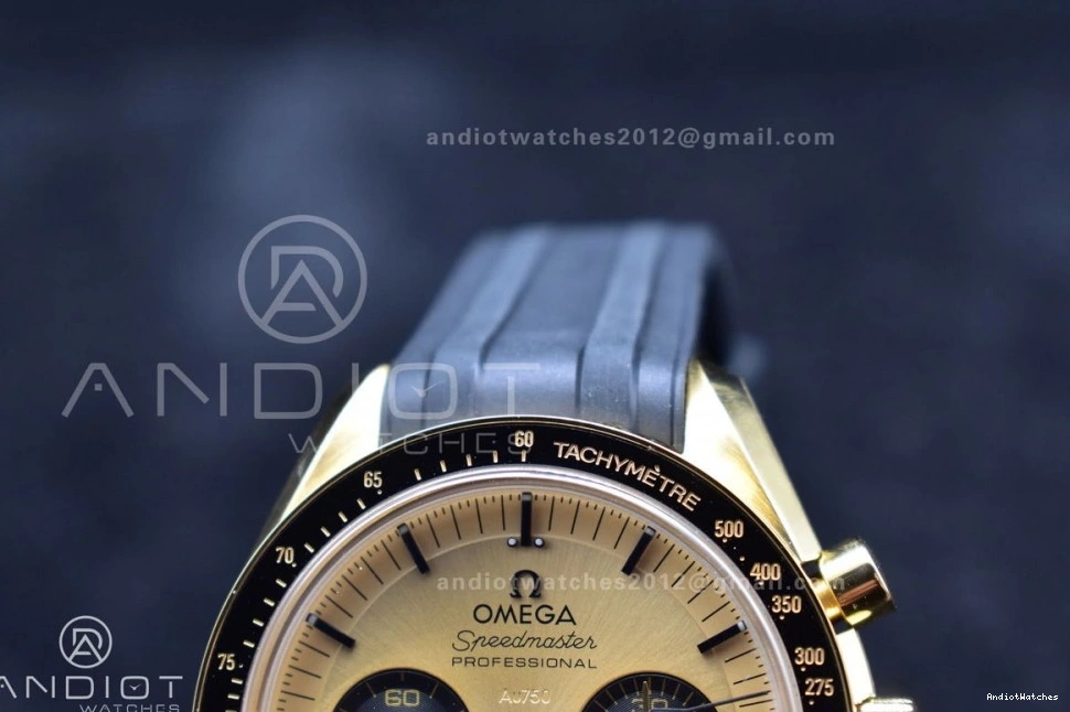 HighQuality RMF Edition in Moonshine Best Strap YG Dial Gold Black Rubber Moonwatch Speedmaster 456 on YG Manual Chrono 0216